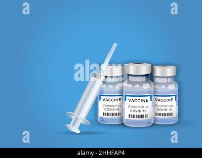 Covid coronavirus vaccine with bottles and syringe. Bottle Covid-19 immunization treatment Omicron or Delta variant on blue background. 3D medical web Stock Vector
