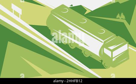 Isometric Gasoline tanker rides on mountain road. Cargo fuel truck with tank for environmentally friendly fuel transporting. Vector illustration on gr Stock Vector