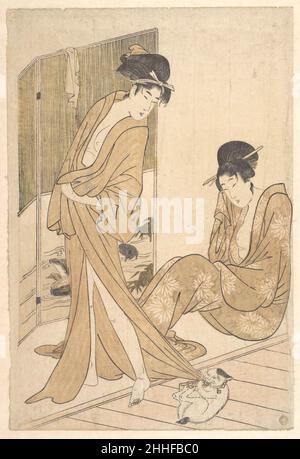Two Young Women Wrapped in Yukata After a Bath ca. 1796 Kitagawa Utamaro Japanese. Two Young Women Wrapped in Yukata After a Bath  36621 Stock Photo