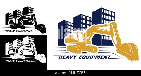 Heavy excavator machine for earthworks against back of new multi storey buildings. Emblem for construction equipment rental company. Isolated vector o Stock Vector