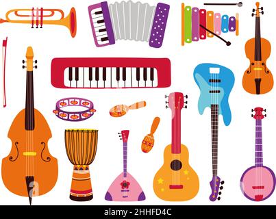 Music tools. Electronic guitar, child musical instruments. Composer objects, cartoon flat kids flute, drum, violin. Orchestra stickers classy vector Stock Vector
