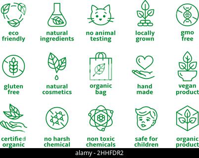 Eco line badges. No chemicals, makeup or skincare organic vegan icons. Natural cosmetic products marks. Hypoallergenic, no paraben tidy vector labels Stock Vector