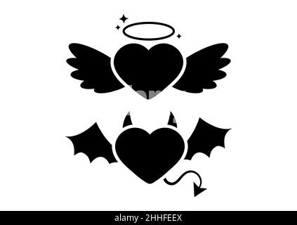 Angel and devil or demon heart black icon set isolated on white background. Stock Vector