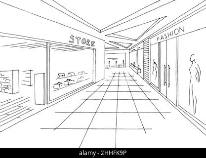 Shopping mall graphic black white interior sketch illustration vector Stock Vector