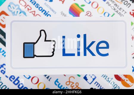 KIEV, UKRAINE - MARCH 10, 2017. Facebook Big Like, Pinterest, Livejournal, Google, Twitter logos printed on paper. Top view and Mock up. Stock Photo
