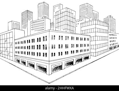 Line city street. Outline urban scene with buildings, road and cars ...