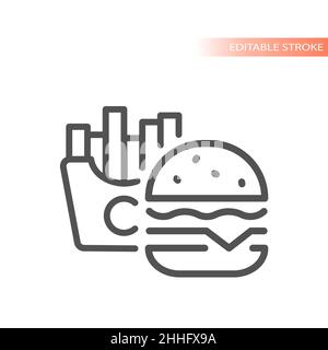 French fries or chips and burger line icon. Fast food outlined symbol. Stock Vector