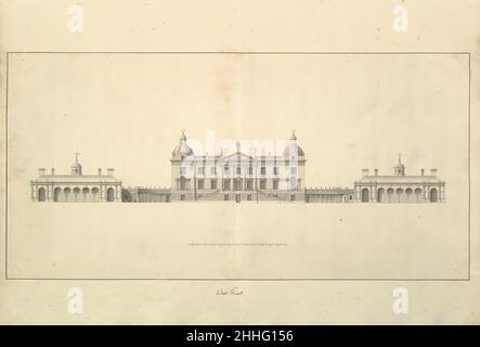 The West Front of Houghton Hall, Norfolk, Elevation 1735 Isaac Ware British This drawing relates to Isaac Ware's and Thomas Ripley's book 'The Plans, Elevations and Sections, Chimney-pieces and Ceilings of Houghton in Norfolk' (first published 1735; second edition 1755 with added 'Description of the Pictures at Houghton' by Horace Walpole).. The West Front of Houghton Hall, Norfolk, Elevation  353860 Stock Photo