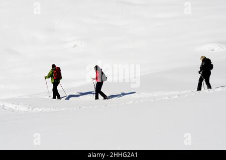 Saalbach, Austria - February 18, 2013: Unknown people hike on snowshoes in deep snow in the Austrian Alps in the Saalbach-Hinterglemm ski area Stock Photo