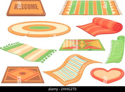 Cartoon wool carpets. Mats different, bath rug, carpet woven from pieces of fabric, decoration textile rugs for floor or feet, color round roll, vector illustration. Carpet and rug textile isolated Stock Vector