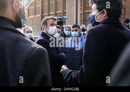 Ahun, France. 24th Jan, 2022. French President Emmanuel Macron visits ...