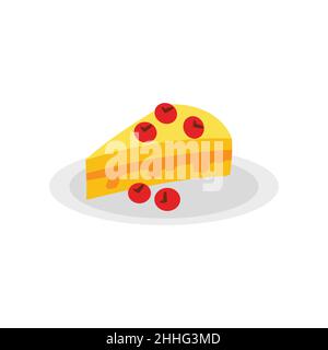 A piece of sweet cake with fresh strawberries and chocolate icing is placed on a white plate. Stock Vector