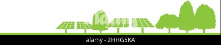 sustainable green energy concept banner, solar farm on green ground with trees, vector illustration Stock Vector