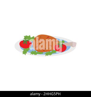 On a white background, hot fried chicken thighs with vegetable and tomato garnish are placed on a plate. Stock Vector
