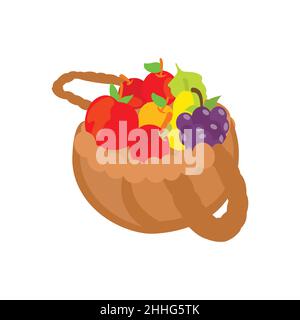 Fruit basket in a cartoon style (apples, oranges, bananas, pears and blueberries). Vector illustration in a flat style. Stock Vector