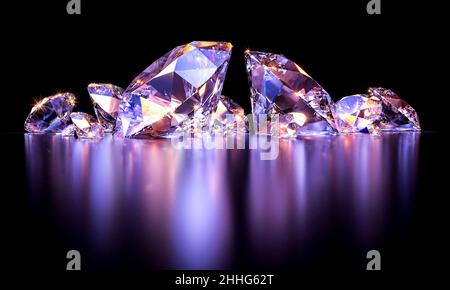 sparkling diamonds on dark purple background. 3d render Stock Photo