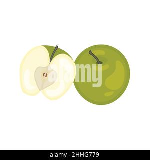 Isolated on a white background are whole, half, fresh slices, and slices of green apple. Stock Vector