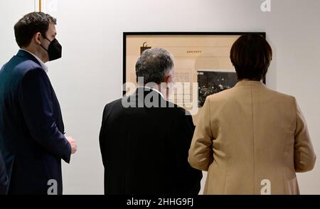 Berlin, Germany. 24th Jan, 2022. Jeremy Issacharoff (M), Israel's ambassador to Germany, visits the exhibition 'Auschwitz - a place on this earth' at the SPD headquarters (Willy Brandt House) with Saskia Esken (r) and Lars Klingbeil (l), chairman of the SPD. In cooperation with the Embassy of Israel, the Freundeskreis Willy-Brandt-Haus presents the exhibition of the International Holocaust Memorial Yad Vashem. Credit: Tobias Schwarz/AFP-Pool/dpa/Alamy Live News Stock Photo