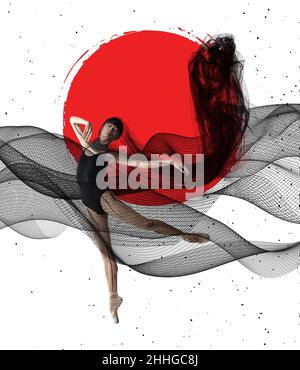 Portrait of young adorable Japanese ballerina dancing with transparent fabric, black cobweb isolated on white red background. Collage Stock Photo