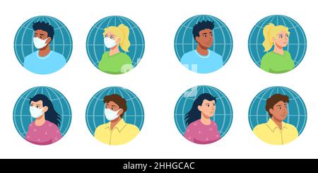 Portraits of people of four different ethnicities with and without medical surgical masks, each on the background of globe. Diversity social concept Stock Vector
