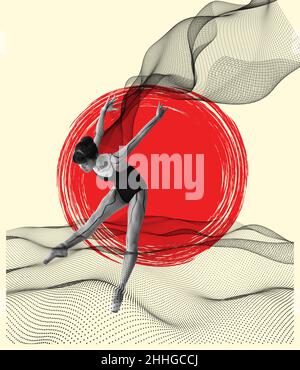 Portrait of young adorable Japanese ballerina dancing with transparent fabric, black cobweb isolated on white red background. Collage Stock Photo
