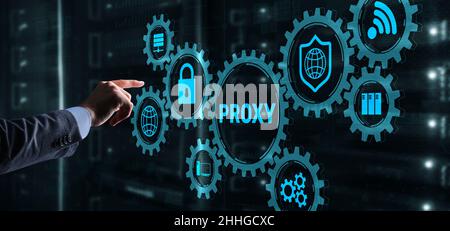 Proxy server. Cyber security. Concept of network security on virtual screen. Stock Photo