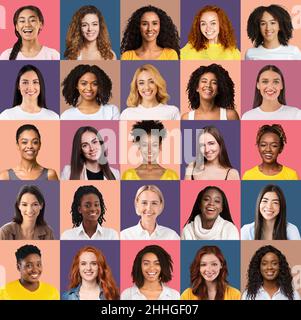 Square collage of young female multiethnic students over various bright studio backgrounds Stock Photo