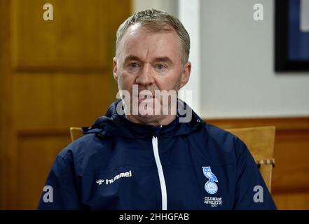 Oldham, UK. 24th Jan, 2022. OLDHAM, UK. JAN 24TH. John Sheridan is unveiled to the press after being appointed as Oldham Athletic manager at Boundary Park, Oldham on Monday 24th January 2022. (Credit: Eddie Garvey | MI News) Credit: MI News & Sport /Alamy Live News Stock Photo