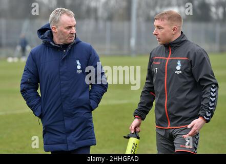 Oldham, UK. 24th Jan, 2022. OLDHAM, UK. JAN 24TH. John Sheridan is unveiled to the press after being appointed as Oldham Athletic manager at Boundary Park, Oldham on Monday. Pictured with Oldham Athletic's Nicky Adams on 24th January 2022. (Credit: Eddie Garvey | MI News) Credit: MI News & Sport /Alamy Live News Stock Photo