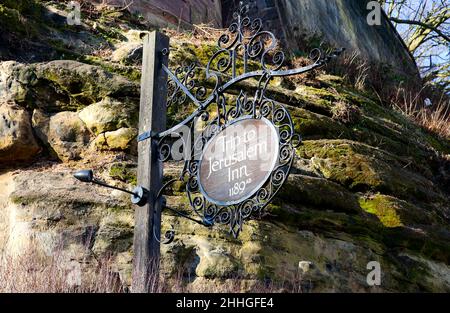 The sign outside the Ye Olde Trip To Jerusalem pub, Nottingham UK. Stock Photo