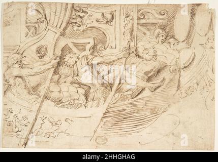 Ancient Naval Battle (Recto); Park with Monuments (Verso) 16th century Anonymous, Italian, 16th century Italian. Ancient Naval Battle (Recto); Park with Monuments (Verso)  388952 Stock Photo