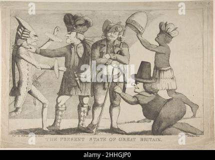 The Present State of Great Britain 1779 James Phillips British Issued in London at the height of the American Revolution, this print summarizes the situation in 1779 from Britain’s point of view. As in traditional allegories, the figures represent specific nations, but their dramatic interaction anticipates the new kind of satire soon to come from Rowlandson and Gillray. John Bull stands at the center as an inattentive military volunteer dozing against a staff topped with Britannia’s attribute, the cap of Liberty. He is being attacked from all sides. An Indian, traditional emblem of America, t Stock Photo