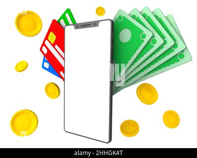 Money and smartphone. One smartphone with lots of golden coins, banknotes, credit cards isolated on white background. 3D illustration Stock Photo