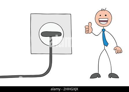 It's plugged in and stickman businessman is showing thumbs up and very happy. Hand drawn outline cartoon vector illustration. Stock Vector