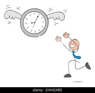 Stickman businessman is chasing the winged flying clock and trying to catch it. Hand drawn outline cartoon vector illustration. Stock Vector