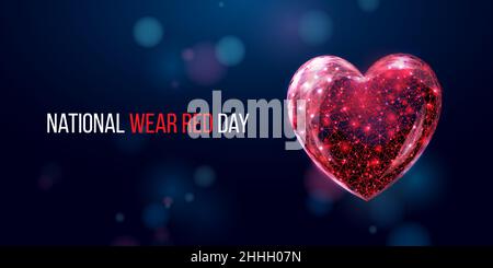 National wear red day concept. Banner with wireframe red heart. Abstract modern 3d vector illustration on blue background. Stock Vector