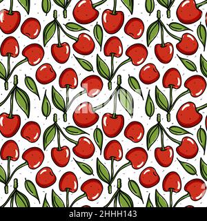 Cherry background, seamless pattern vector illustration. Good for textile, wrapping, wallpapers, etc. Sweet red ripe cherries isolated on white background. Stock Vector