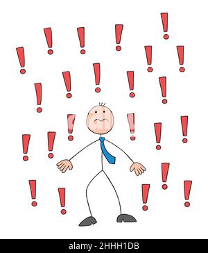 Stickman businessman has a lot of exclamation marks, dangers and he is very stressed. Hand drawn outline cartoon vector illustration. Stock Vector