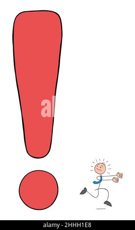 Stickman businessman is running away from the huge exclamation mark, afraid of danger. Hand drawn outline cartoon vector illustration. Stock Vector