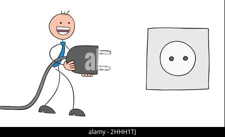 Stickman businessman is walking and carrying the plug to the outlet. Hand drawn outline cartoon vector illustration. Stock Vector