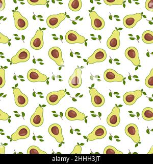 Seamless pattern with avocado. Print of healthy vegetables, half and green leaves on white background. Vector flat illustration Stock Vector