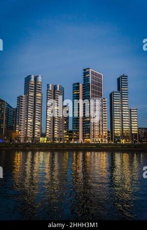 New housing developments comprising modern high-rise towers on Albert Embankment, Vauxhall, London, England, UK Stock Photo