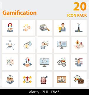 Gamification icon set. Collection of simple elements such as the user engagement, challenge, learning, game thinking, avatar, strategy, reward. Stock Vector