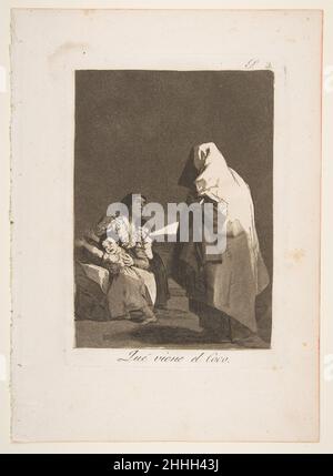 Plate 3 from 'Los Caprichos': Here comes the bogey-man (Que viene el Coco) 1799 Goya (Francisco de Goya y Lucientes) Spanish This scene of a mother staring at a shrouded figure while her two terrified children cling to her hasbeen interpreted as Goya’s criticism of a repressive educational system based on fear of supernatural beings. Although a concern with poor education pervades the Caprichos, Goya’s specific target here is the women traditionally responsible for passing beliefs from one generation to the next. Implicating women in their children’s ignorance and superstition, the print allud Stock Photo