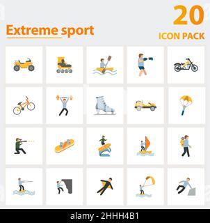 Extreme Sport icon set. Collection of simple elements such as the atv, roller skate, rafting, ice skating, go kart, paintball, boxing. Stock Vector