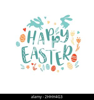 Cute hand drawn Easter horizontal design with bunnies, flowers, easter eggs, beautiful background, great for Easter Cards, banner, textiles, wallpaper Stock Vector
