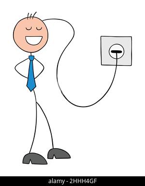 Stickman businessman has a wire in his head and is charging his brain. Hand drawn outline cartoon vector illustration. Stock Vector