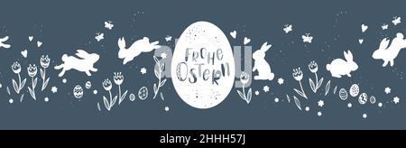 Cute hand drawn Easter horizontal seamless pattern saying "Happy Easter" in german with bunnies, flowers, easter eggs, beautiful background, great for Stock Vector
