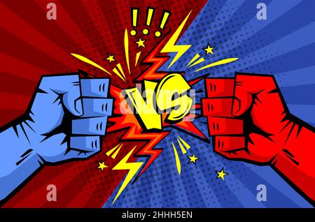Fight of blue fist vs red fist in retro style. Comic cartoon vector. Stock Vector
