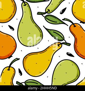 Seamless pattern with yellow and green pear. Fruit background. Vector print for fabric and wallpaper on white background Stock Vector